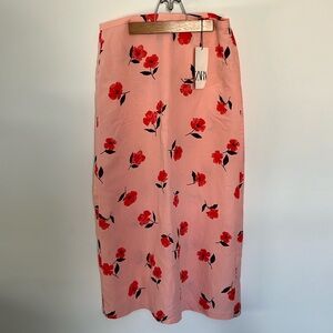 Zara women’s midi skirt linen pink/red floral size M